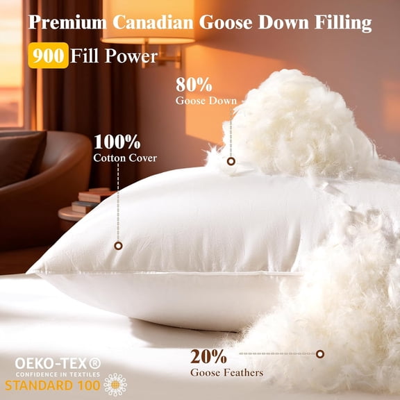 Luxury Canadian White Goose Down Pillow Standard Size- 750+ Fill Power, 800 Thread Count Cotton Shell, Soft Down Pillows for Sleeping, Pillow for Neck Pain Relief (1 Pack, 20"x26")