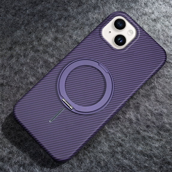 Luxury Carbon Fiber Case for iPhone 14, Magnetic Compatible Slim Cover with 360° Invisible Ring Stand, Lightweight Shockproof Protective Phone Case - Purple