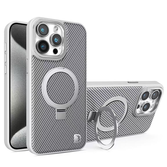 Luxury Carbon Fiber For iPhone 14 Case with Magnetic Ring Stand, Compatible with MagSafe Wireless Charging,Shockproof Rugged Bumper Protective Cover Metallic Camera Protection,Gray