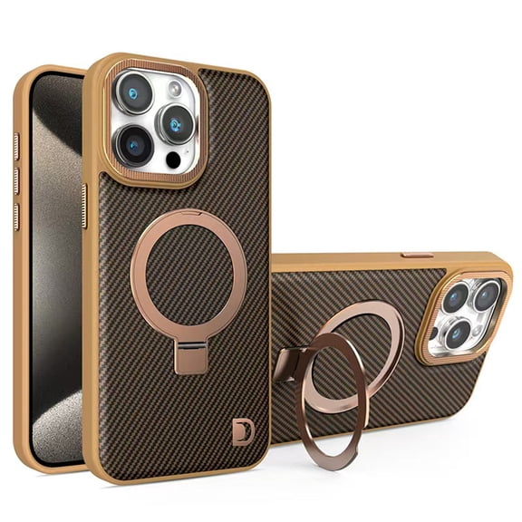 Luxury Carbon Fiber For iPhone 14 Case with Magnetic Ring Stand, Compatible with MagSafe Wireless Charging,Shockproof Rugged Bumper Protective Cover Metallic Camera Protection,Brown