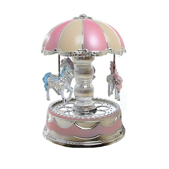 Luxury Carousel Music Box 3 Horses Rotate LED Light Luminous Rotation (Pink)