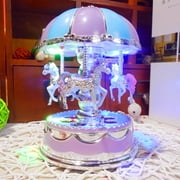 Luxury Carousel Music Box 3 Horses Rotate LED Light Luminous Rotation (Purple)