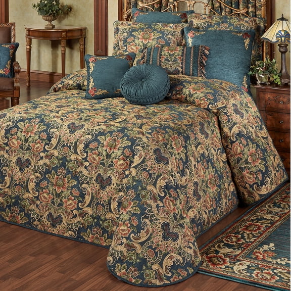 Luxury Casanova Woven Jacobean Floral Bedding, 3-Pc Dark Teal Cal King Bedspread Set
