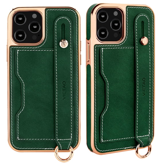 Luxury Case Compatible with iPhone 12 Pro / 12 6.1" Case with Adjustable Wristband Kickstand and Card Holder, Designer Classic Retro Pattern PU Leather Wrist Strap Wristband Card Slots Case,Green