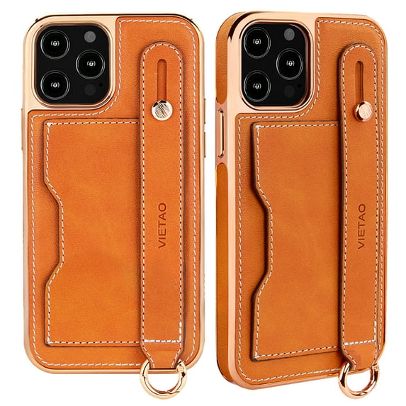 Luxury Case Compatible with iPhone 12 Pro / 12 6.1" Case with Adjustable Wristband Kickstand and Card Holder, Designer Classic Retro Pattern PU Leather Wrist Strap Wristband Card Slots Case,Orange
