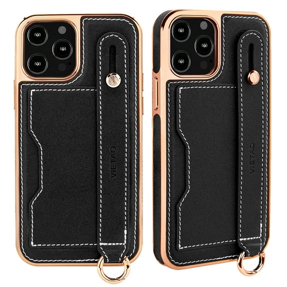 Luxury Case Compatible with iPhone 12 Pro / 12 6.1" Case with Adjustable Wristband Kickstand and Card Holder, Designer Classic Retro Pattern PU Leather Wrist Strap Wristband Card Slots Case,Black