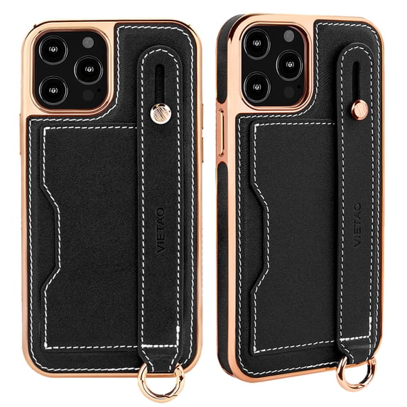 Luxury Case Compatible with iPhone 12 Pro Max Case with Adjustable Wristband Kickstand and Card Holder, Designer Classic Retro Pattern PU Leather Wrist Strap Wristband Card Slots Phone Case,Black