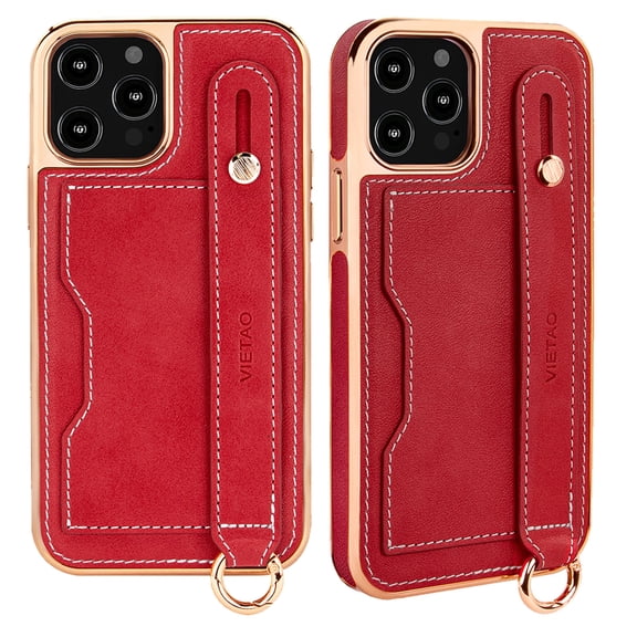 Luxury Case Compatible with iPhone 13 Pro Max Case with Adjustable Wristband Kickstand and Card Holder, Designer Classic Retro Pattern PU Leather Wrist Strap Wristband Card Slots Phone Case,Red