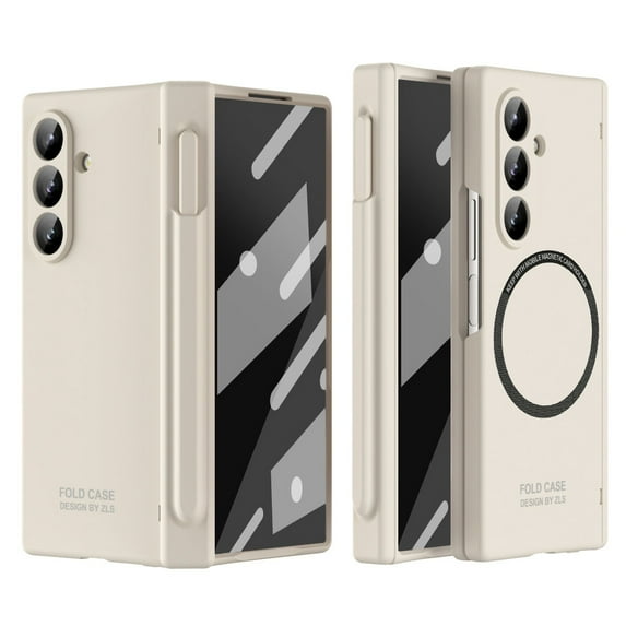 Luxury Case for Samsung Galaxy Z Fold 5, Skin-Friendly PC Protective Cover with Front Tempered Glass Screen Protector, Shockproof, Hinge Protection, Includes Stylus & Stylus Holder, Beige