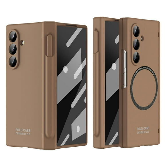 Luxury Case for Samsung Galaxy Z Fold 6, Skin-Friendly PC Protective Cover with Front Tempered Glass Screen Protector, Shockproof, Hinge Protection, Includes Stylus & Stylus Holder, Brown