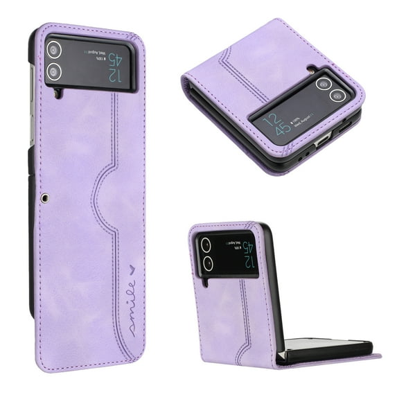 Luxury Case for Samsung Z Flip 4, Smile & Heart Design Premium PU Slim Leather Shockproof Smile & Heart Design Case Wrist Strap for Samsung Galaxy Z Flip 4, Purple