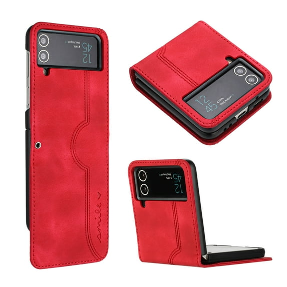 Luxury Case for Samsung Z Flip 4, Smile & Heart Design Premium PU Slim Leather Shockproof Smile & Heart Design Case Wrist Strap for Samsung Galaxy Z Flip 4, Red