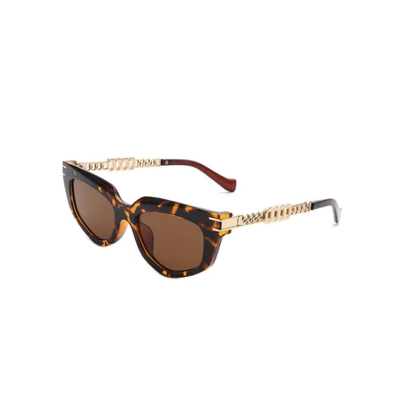 Luxury Cat Eye Sunglasses, Tortoise Frame with Gold Chain Accent & Brown Lenses
