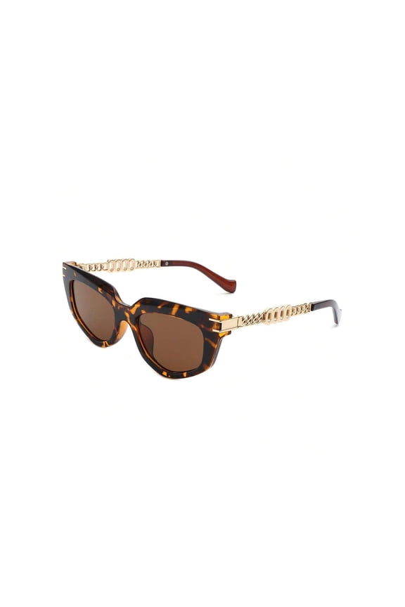 Luxury Cat Eye Sunglasses, Tortoise Frame with Gold Chain Accent & Brown Lenses