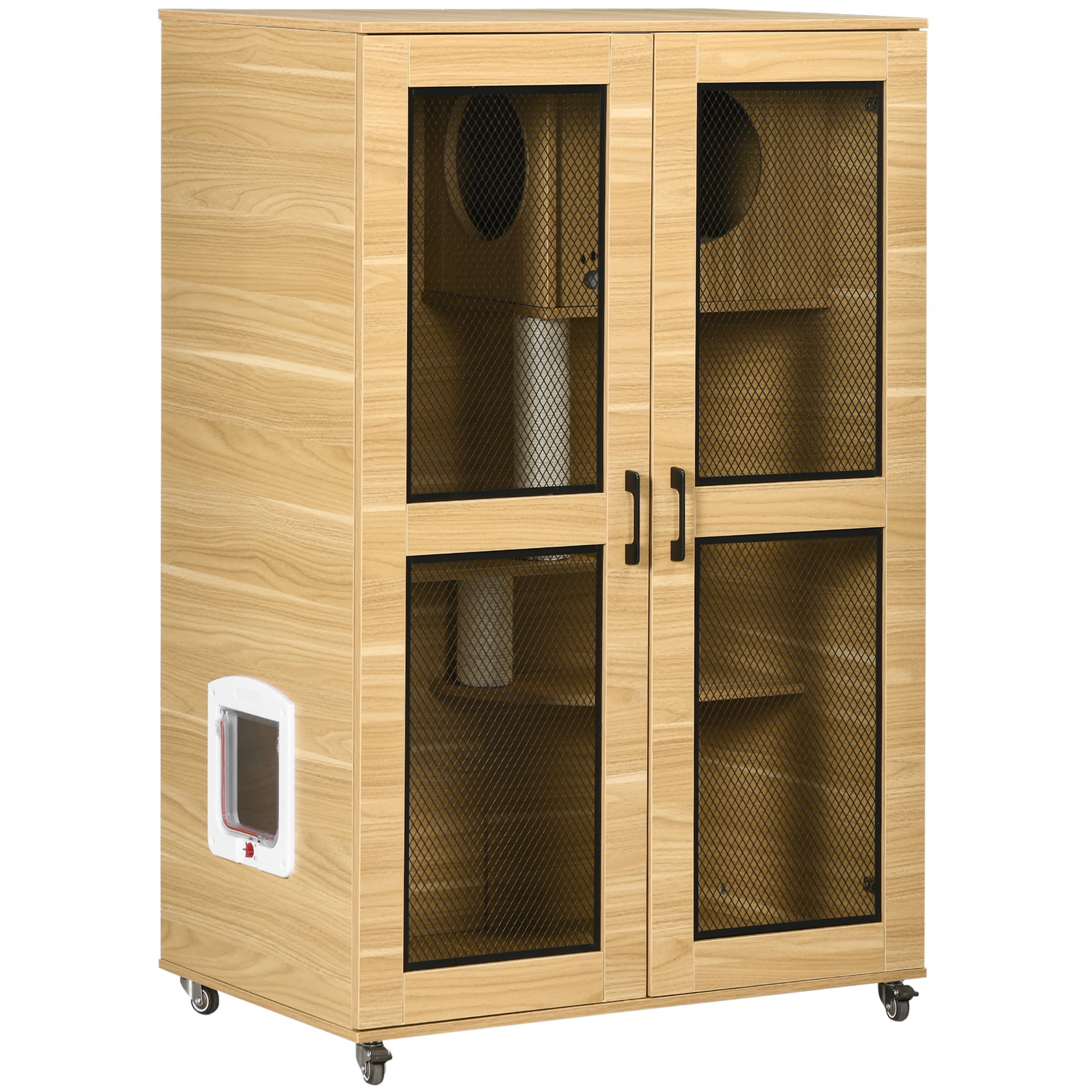 MCombo Large Wooden Cat House Indoor - Multi-Level Cat Condo With Acrylic Panels, Wheels, And Lockable Doors, Modern Style CT291