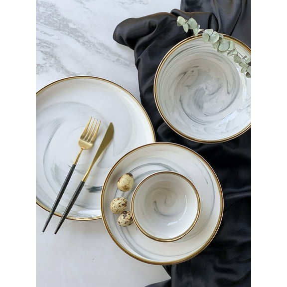 Luxury Marble Ceramic Dinnerware Set with Gold Rim 4-Piece Elegant Porcelain Plates & Bowls | Dishwasher Safe | Marcel Ardani