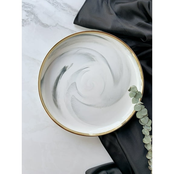 Luxury Marble Ceramic Dinner Plates Set of 2, Large Gold Trim | Marcel Ardani
