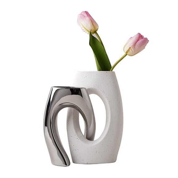 Luxury Ceramic Vase With Two Artificial Flowers,High End Tabletop Decor Ornament For Living Room Homestay TV Stand Home Decoration