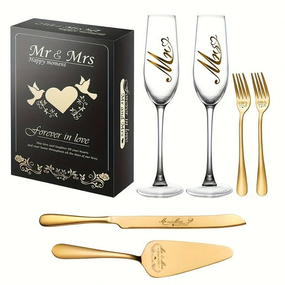 Luxury Champagne Flutes Set - include Champagne Toasting Glasses, Pie Server, Cake Knife and Forks, for Wedding/Anniversary/Dating, Ideal Gifts for Couples/ Newlyweds/Hosts