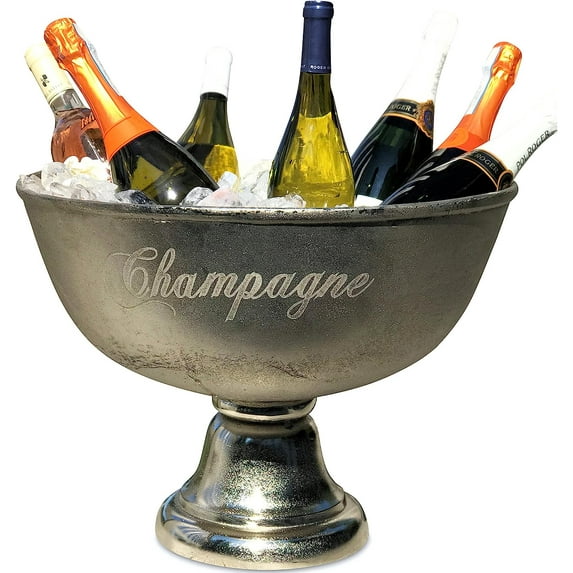 Luxury Champagne Ice Bucket, Elegant Script Text Details, Hand Cast, Silver Aluminum, 18.5 inches