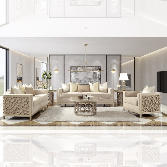 Luxury Champagne Sofa Set 3Pcs Solid Wood Traditional Homey Design HD ...