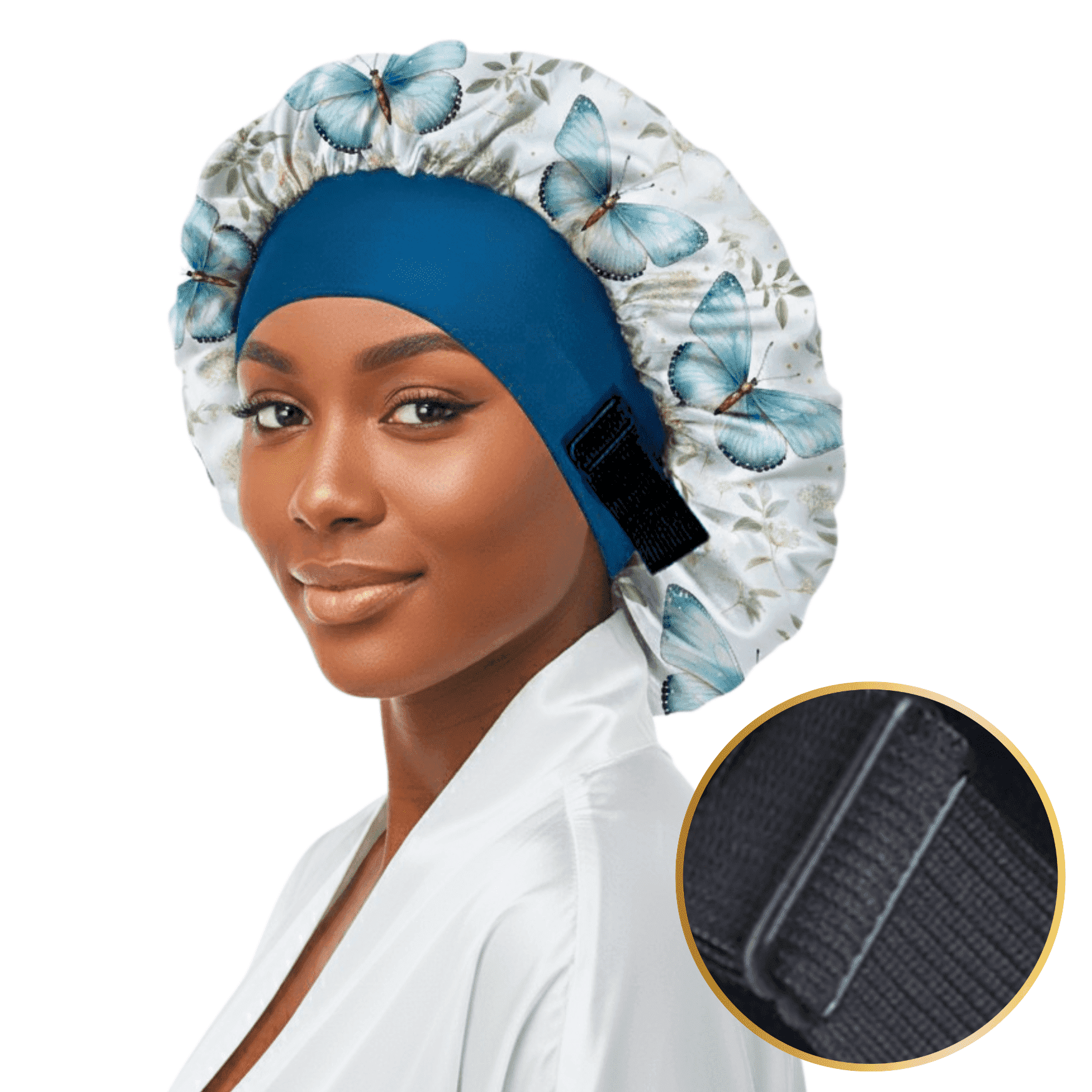 No Tie Wide Band Satin Bonnet for Sleeping, Non Slip Sleep Cap for Curly Hair Braids Locs, Floral Butterfly