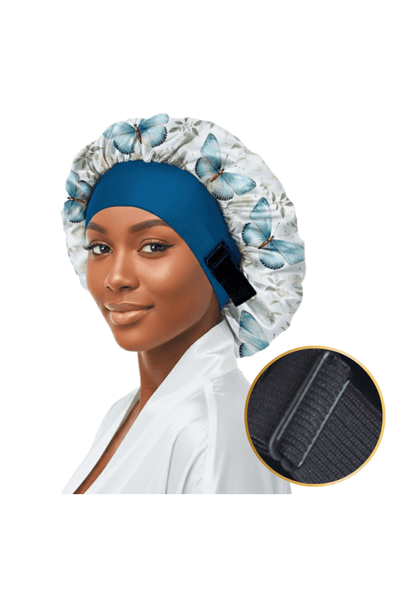 No Tie Wide Band Satin Bonnet for Sleeping, Non Slip Sleep Cap for Curly Hair Braids Locs, Floral Butterfly