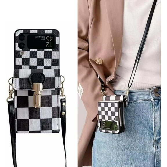 Luxury Checkerboard Wallet Case for Galaxy Z Flip 3 5G - Adjustable Lanyard, Shockproof Protector for Women & Girls
