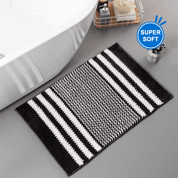 Luxury Chenille Bathroom Rug Mat,Extra Soft Thick Absorbent Shaggy Bath Rugs, Non-Slip Machine Wash Dry Plush Bath Mats for Bathroom, Shower, and Tub, 16"x 24", Black