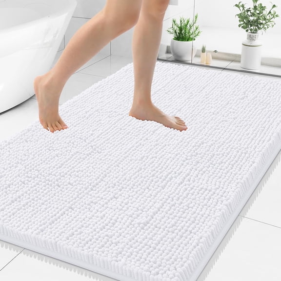 Luxury Chenille Bathroom Rugs 48x32, Extra Soft and Absorbent Shaggy Bath Mat, Machine Washable, Non-Slip Plush Carpet Runner for Tub, Shower, and Floor, Home Decor Accessories, White