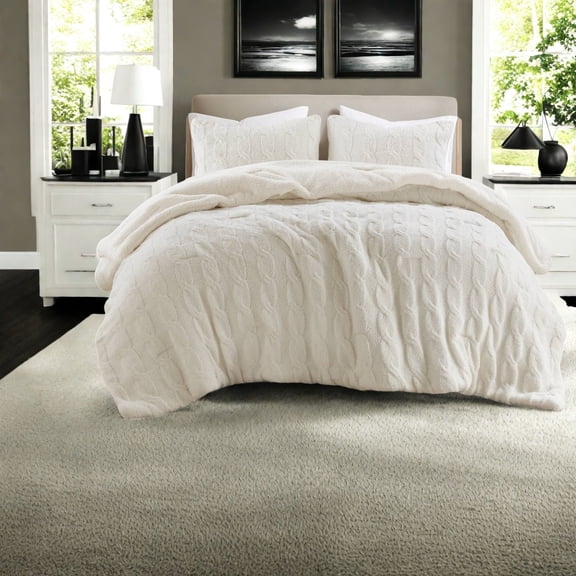 Luxury Chenille Bedding Set 3Piece Full/Queen Cozy Cable Knit with Sherpa Reverse