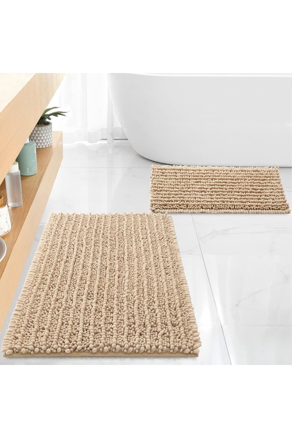 Luxury Chenille Beige Bathroom Rugs Bath Mats Sets, Extra Soft and Absorbent Bathroom Rugs Non Skid Machine Wash Dry Bath Mats32"x20" Plus 17"x24"