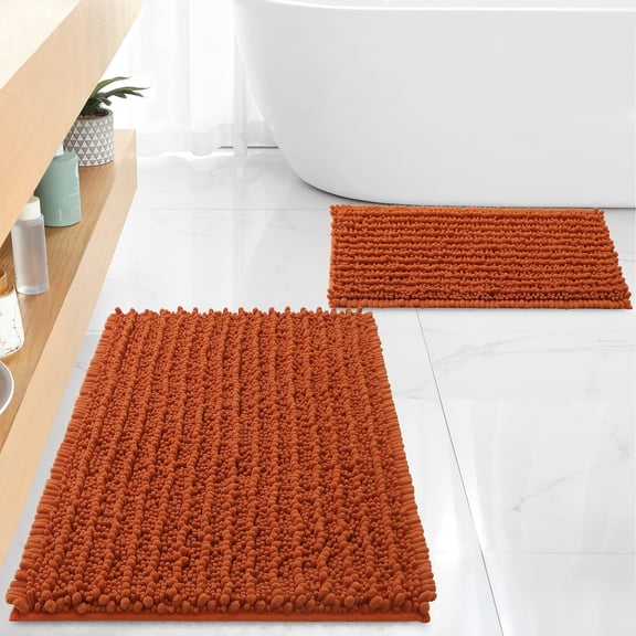 Luxury Chenille Burnt Orange Bathroom Rugs Bath Mats Sets, Extra Soft and Absorbent Bathroom Rugs Non Skid Machine Wash Dry Bath Mats(32"x20" Plus 17"x24")