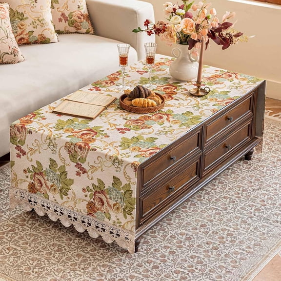 Luxury Chenille Coffee Table Cloth Non-Slip Silicone Backing Heavyweight French Damask Jacquard with Elegant Lace Edge Vintage Floral Furniture Protector