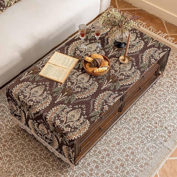 Luxury Chenille Coffee Table Cover Non-Slip Silicone Backing Heavyweight French Jacquard Table Cloth with Lace Trim Vintage Floral Furniture Protector(Mdlz Dark Brown Floral,79" L x 27.6" W)