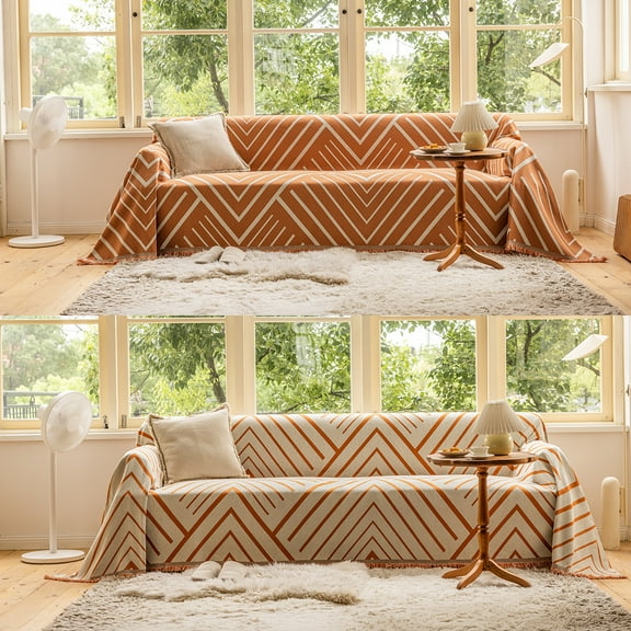 Luxury Chenille Couch Cover for Living Room, Boho Couch Cover with Tassels, L-Shaped Sectional, Sofa Covers Washable (Beige Orange 71*91 inch )