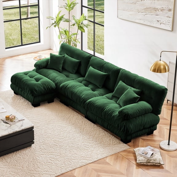 Luxury Chenille Green Modular Sectional Sofa|Deep Seat & Convertible Ottoman