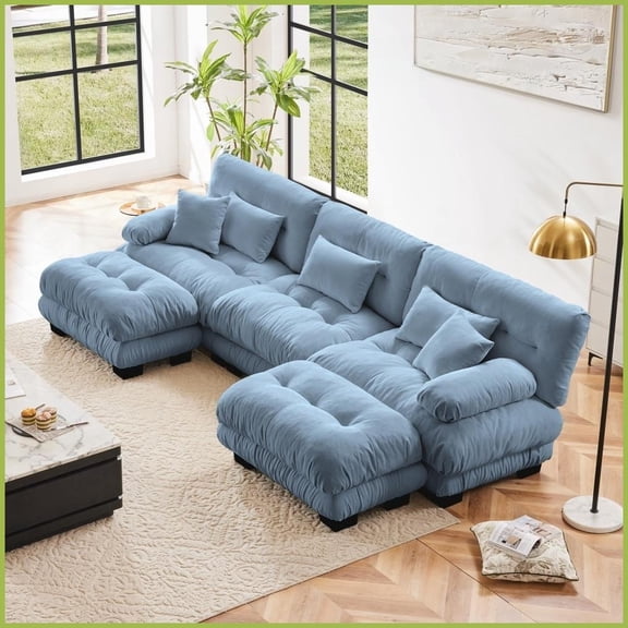 Luxury Chenille Modular Sectional Sofa - Oversized U-Shaped Cloud Couch with 2 Ottomans for Living Room, Blue