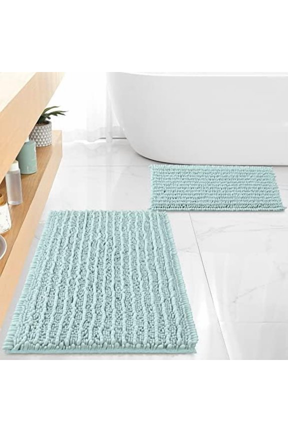 Luxury Chenille Spa Blue Bathroom Rugs Bath Mats Sets, Extra Soft and Absorbent Bathroom Rugs Non Skid Machine Wash Dry Bath Mats(32"x20" Plus 17"x24")