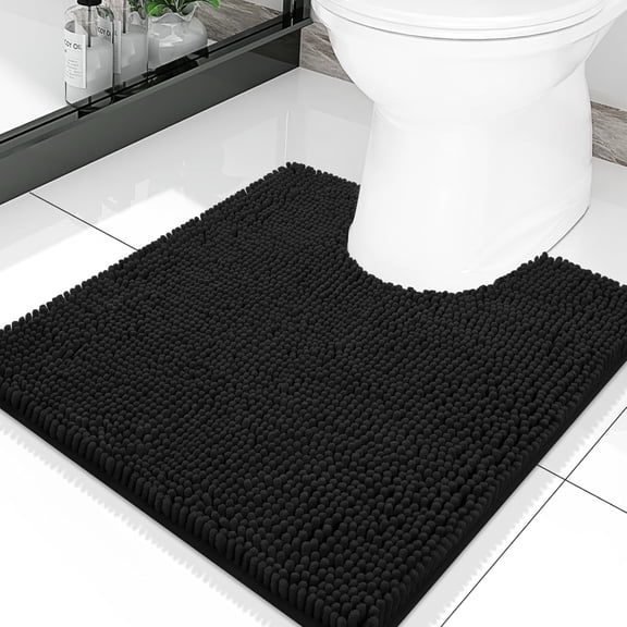 Luxury Chenille Toilet Rugs U-Shaped 20x20, Soft Absorbent Non-Slip Contour Bathroom Rugs for Toilet, Machine Washable Contoured Bath Mats, Black