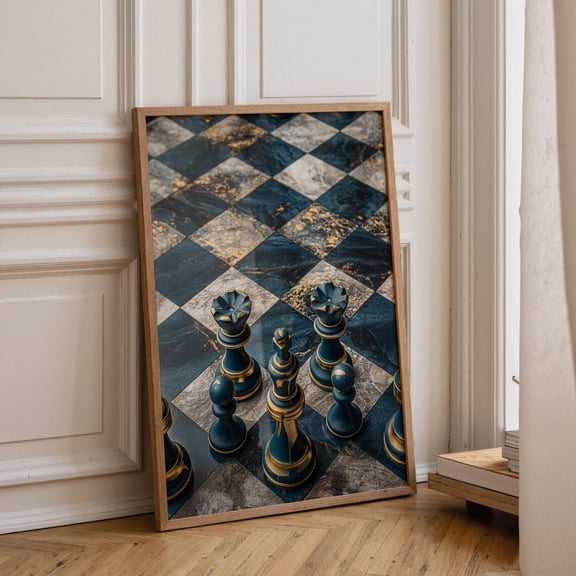 Luxury Chess Wall Art Print, Blue and Gold Chess Board Artwork, Patina Marble Strategy Poster Unframed Paper Print