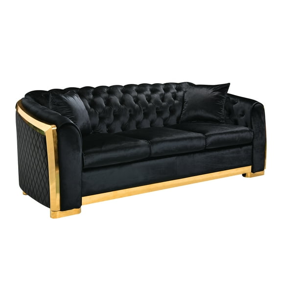 Luxury Chesterfield Sofa | 81" Black Italian Velvet 3-Seat Couch with Gold Stainless Steel Legs | European Tufted Design for Living Room