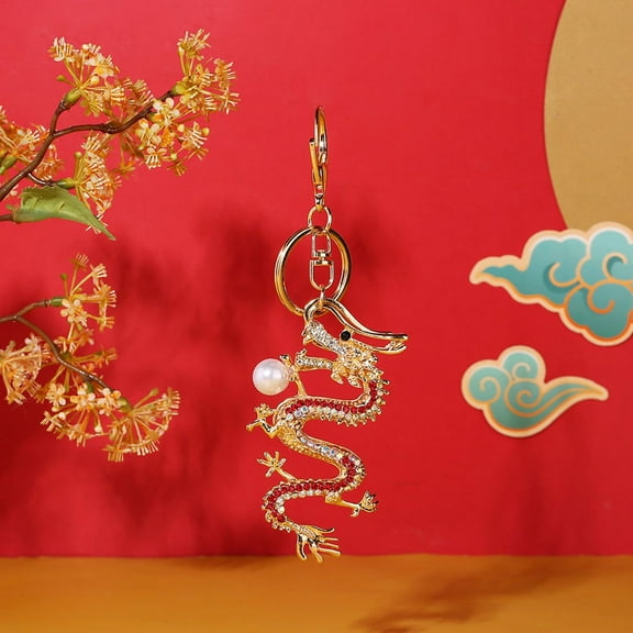 Chinese Dragon Keychain High Grade Metal Pearl Jewelry Gift for Men Women