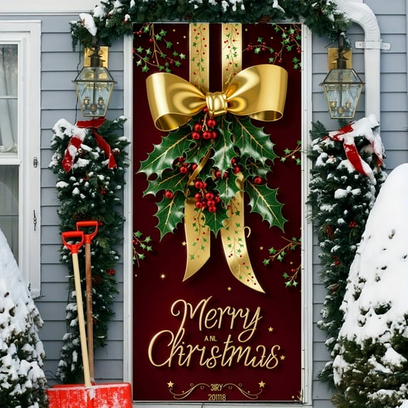 Taicans Luxury Christmas Door Cover 35.43inx78.74in Red & Gold Tree Decorations Holiday Wall Stickers Removable Waterproof Vinyl for Home Decor
