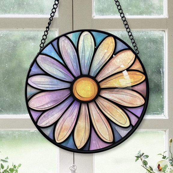 Luxury Christmas Gift - Minimalist Simple Line Daisy Christmas Stained Glass Hanging Ornament - Classic Xmas Tree Decor, White Elephant & Holiday Gift for Mom, Dad, Friends, Family