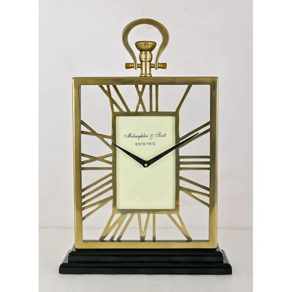 Luxury Chrome Roman Numeral Table Clock – Modern Metal Skeleton Mantel Clock with Black Base – Elegant Decorative Desk Clock for Living Room, Office & Home Décor (Brass Antique)