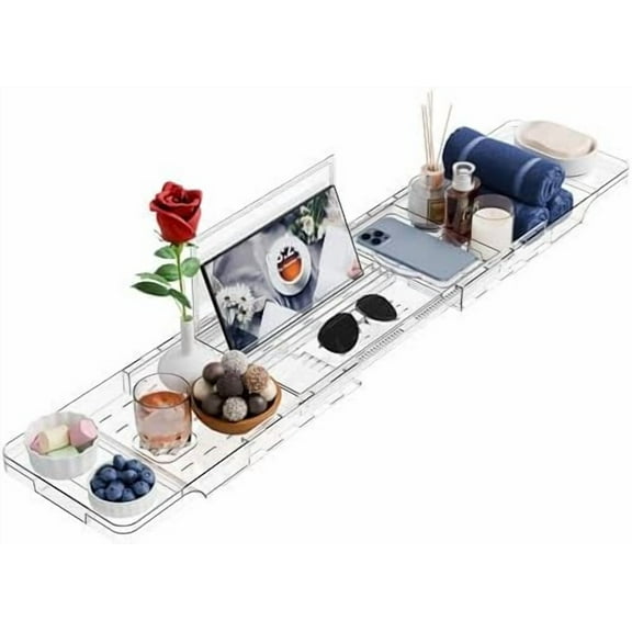 Luxury Clear Bathtub Shelf Across Tub,Expandable Plastic Bathtub Tray Over The Tub Bath Caddy,Free Standing Bath Table Board & Accessories for Women Relaxing with Reading Book and Ipad Holder