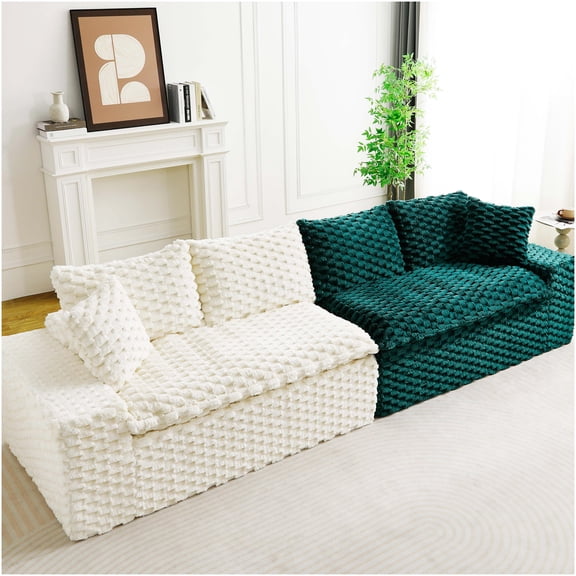 Luxury Color-Block Turtle Velvet Modular Sofa, 4-Seater Convertible Sectional with Pillows, White and Green Polyester Fabric for Living Room