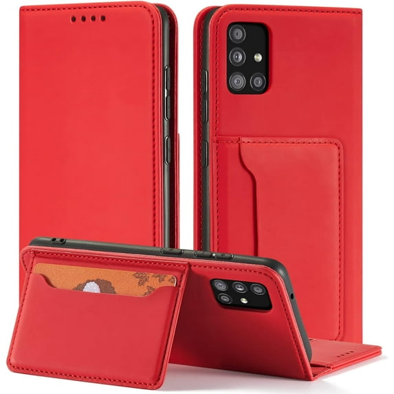 Luxury Comfortable Skin-Friendly PU Phone Case with Wallet and Card Slot Bracket, for Samsung Galaxy A12 A13 A22 A23 A32 A42 4G 5G Shockproof Full-Body Protective Cover(Red,A22 5G)