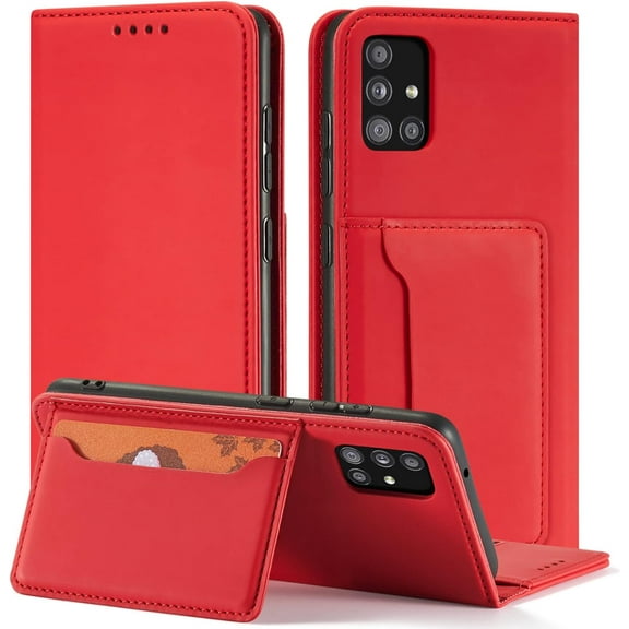 Luxury Comfortable Skin-Friendly PU Phone Case with Wallet and Card Slot Bracket, for Samsung Galaxy A12 A13 A22 A23 A32 A42 4G 5G Shockproof Full-Body Protective Cover(Red,A32 5G)